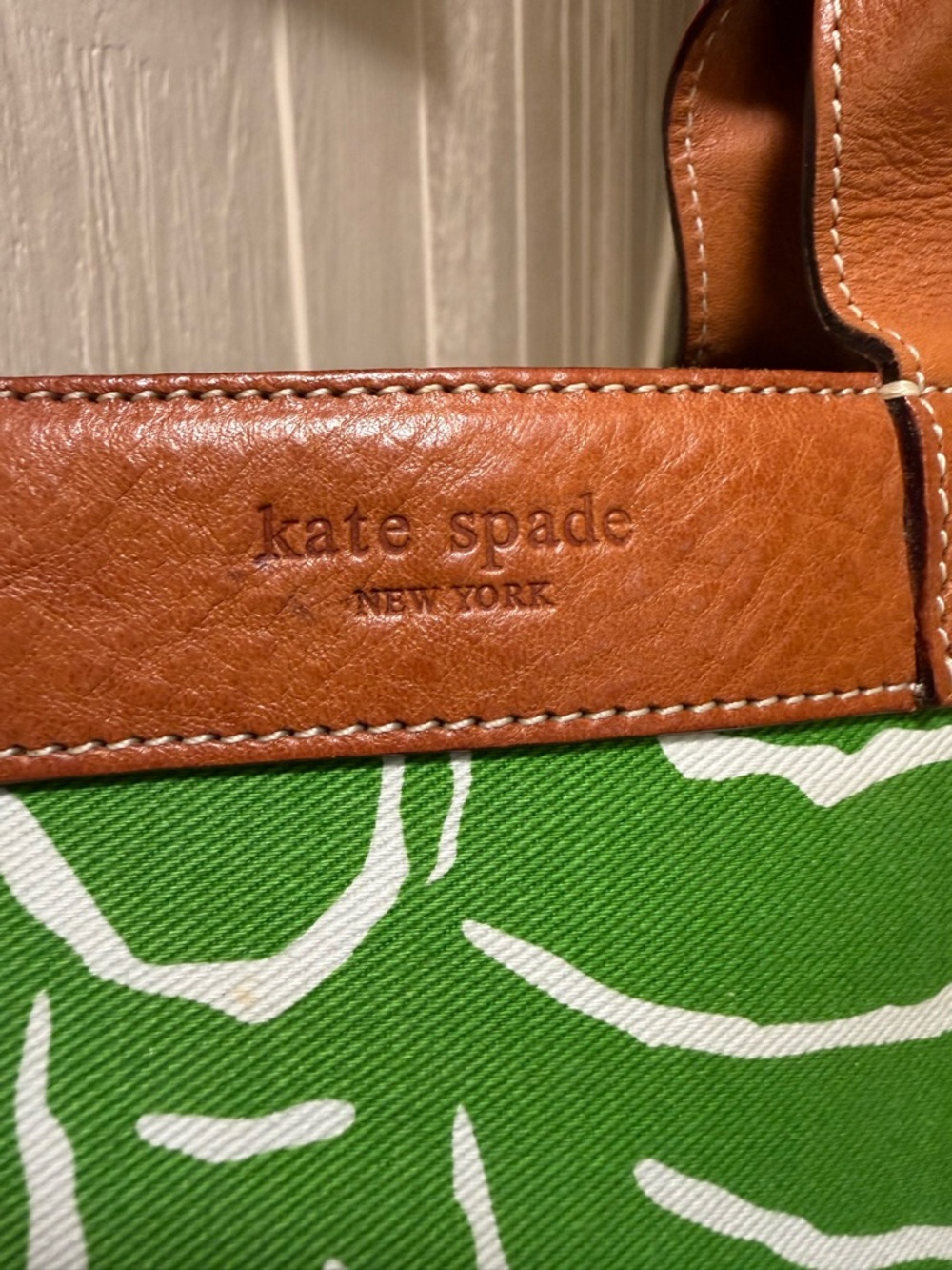 Kate Spade Y2K Green And White Floral Canvas Tote with Brown Leather Handles - Picture 10 of 15
